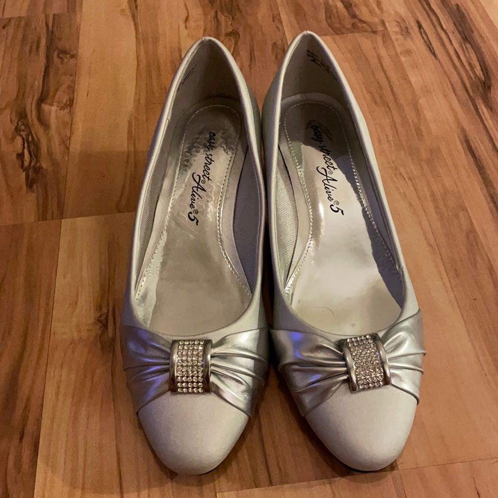 Silver Satin Embellished Heels- Easy Street - 71/2